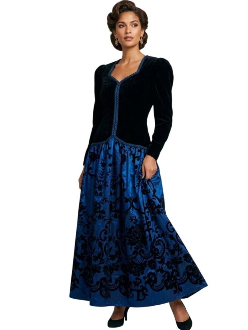Scott McClintock Vintage 80s Designer Taffeta Velvet Gown Blue Black Size 4